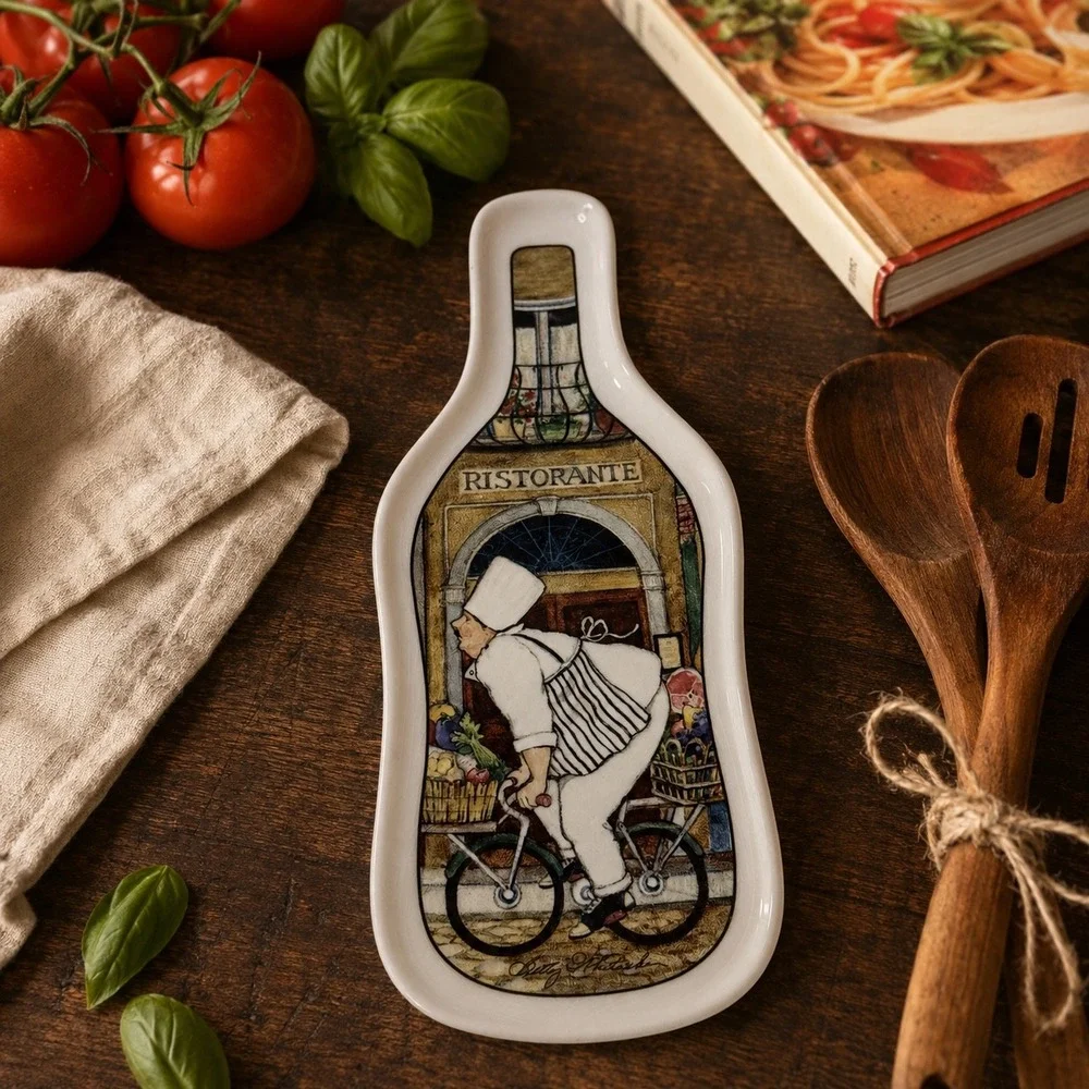 CounterArt Ceramic Wine Bottle Spoon Rest Italian Chef Ristorante Bicycle 9.5in